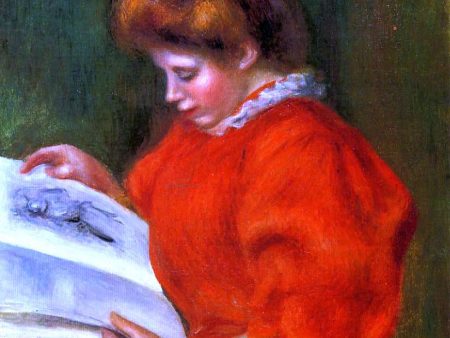 Young Woman Looking at a Print by Pierre Auguste Renoir - Hand-Painted Oil Painting on Canvas Online now