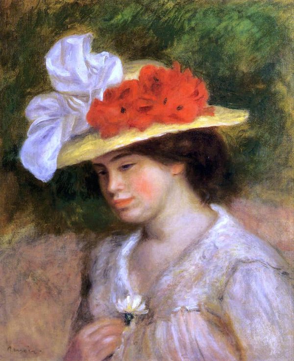 Woman in a Flowered Hat by Pierre Auguste Renoir - Hand-Painted Oil Painting on Canvas For Cheap