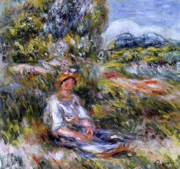 Young Girl Seated in a Meadow by Pierre Auguste Renoir - Hand-Painted Oil Painting on Canvas Fashion