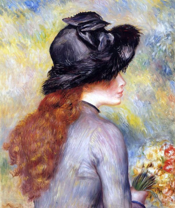 Young Girl Holding at Bouquet of Tulips by Pierre Auguste Renoir - Hand-Painted Oil Painting on Canvas Online Sale