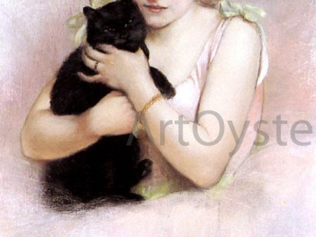 Young Ballerina Holding a Black Cat by Pierre Carrier-Belleuse - Hand-Painted Oil Painting on Canvas Sale