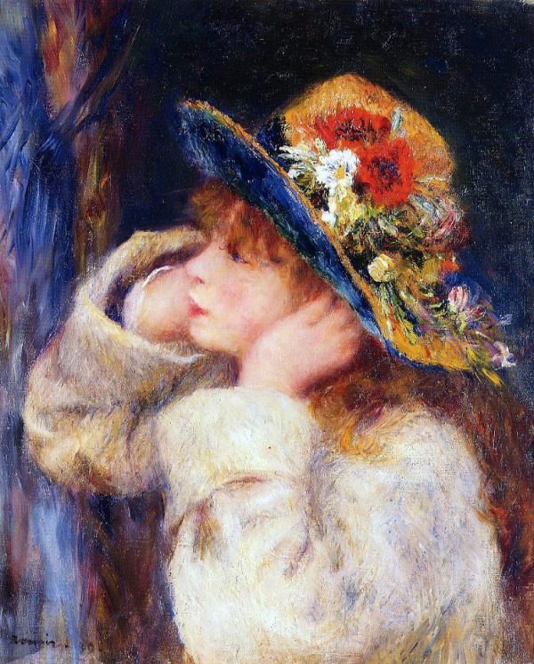 Young Girl in a Hat Decorated with Wildflowers by Pierre Auguste Renoir - Hand-Painted Oil Painting on Canvas Discount