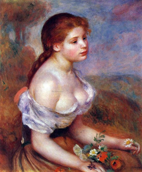 Young Girl with Daisies by Pierre Auguste Renoir - Hand-Painted Oil Painting on Canvas Supply