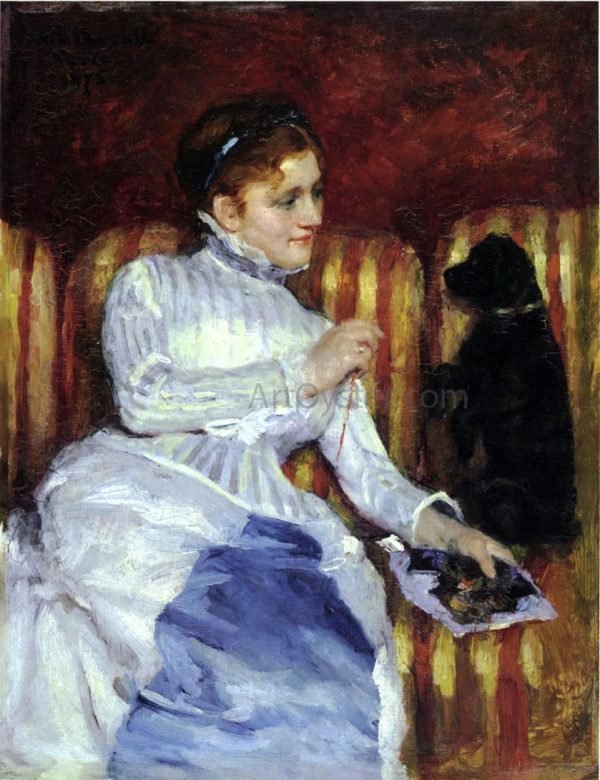 Woman on a Striped with a Dog (also known as Young Woman on a Striped Sofa with Her Dog) by Mary Cassatt - Hand-Painted Oil Painting on Canvas Online Sale