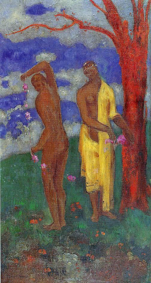 Two Women Under a Red Tree by Odilon Redon - Hand-Painted Oil Painting on Canvas Discount