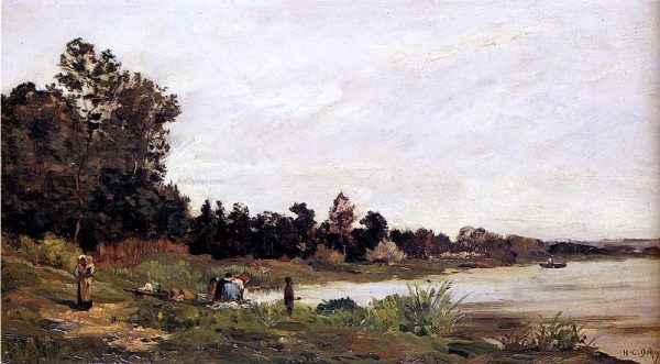 Washerwomen In A River Landscape by Hippolyte Camille Delpy - Hand-Painted Oil Painting on Canvas on Sale