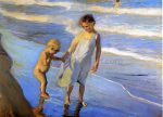 Valencia, Two LIttle Girls on a Beach by Joaquin Sorolla Y Bastida - Hand-Painted Oil Painting on Canvas Online now