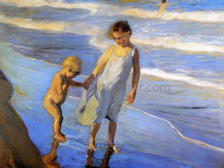 Valencia, Two LIttle Girls on a Beach by Joaquin Sorolla Y Bastida - Hand-Painted Oil Painting on Canvas Online now