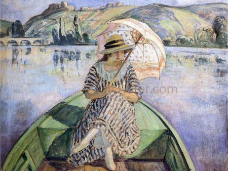 Woman in a Boat with an Umbrella by Henri Lebasque - Hand-Painted Oil Painting on Canvas For Sale