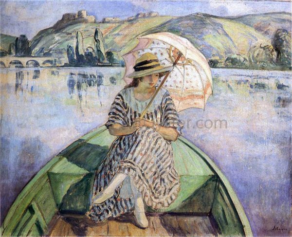 Woman in a Boat with an Umbrella by Henri Lebasque - Hand-Painted Oil Painting on Canvas For Sale