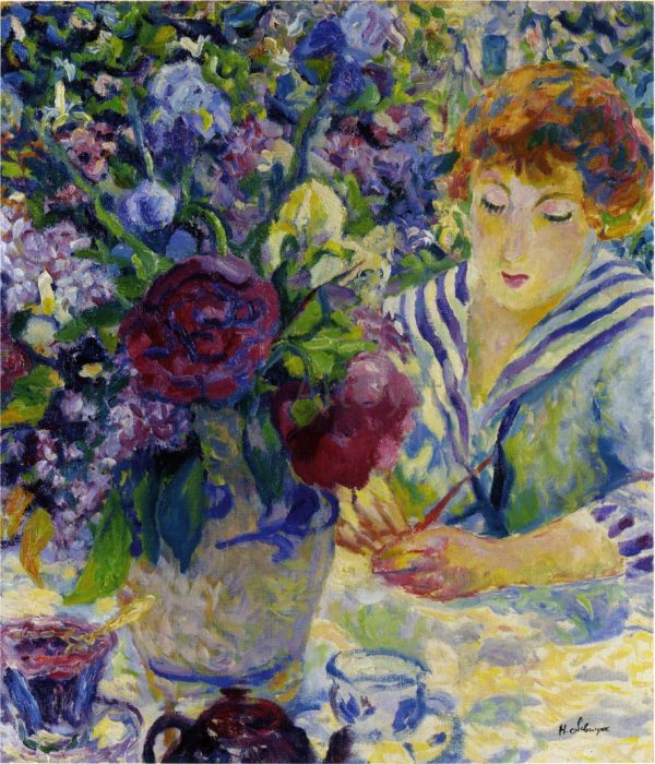 Woman with a Vase of Flowers by Henri Lebasque - Hand-Painted Oil Painting on Canvas Fashion