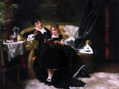 The Reading Lesson by Jan Pieter Portielje - Hand-Painted Oil Painting on Canvas For Sale