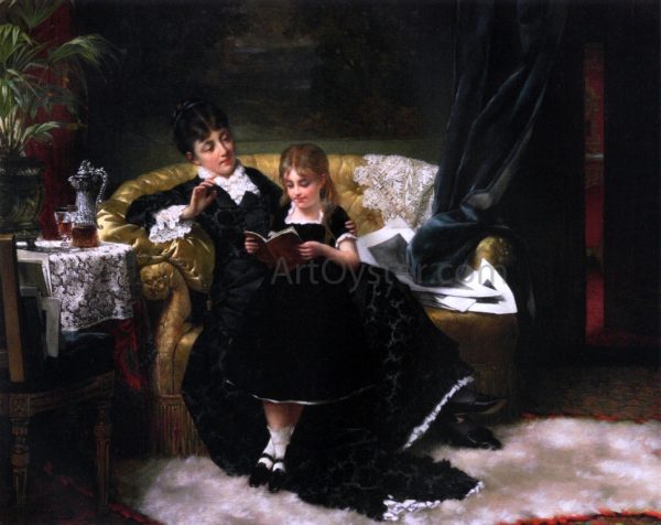 The Reading Lesson by Jan Pieter Portielje - Hand-Painted Oil Painting on Canvas For Sale