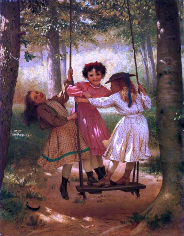 Three Girls on a Swing by John George Brown - Hand-Painted Oil Painting on Canvas For Sale