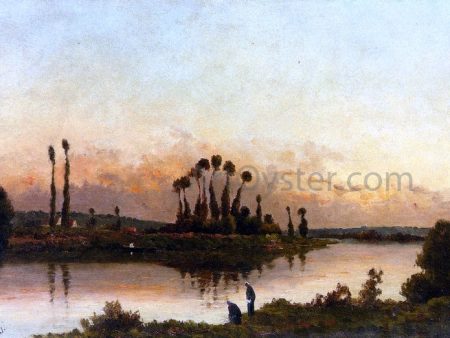 Washerwomen in an Extensive River Landscape by Hippolyte Camille Delpy - Hand-Painted Oil Painting on Canvas For Cheap