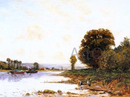 Washerwomen in a River Lanscape with Steamboats beyond by Hippolyte Camille Delpy - Hand-Painted Oil Painting on Canvas on Sale