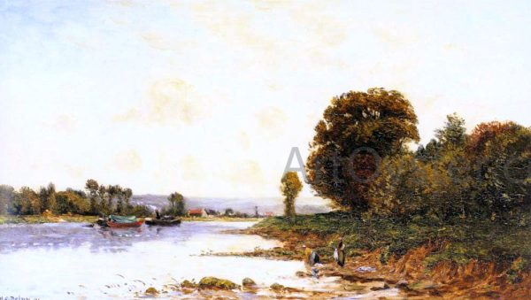 Washerwomen in a River Lanscape with Steamboats beyond by Hippolyte Camille Delpy - Hand-Painted Oil Painting on Canvas on Sale