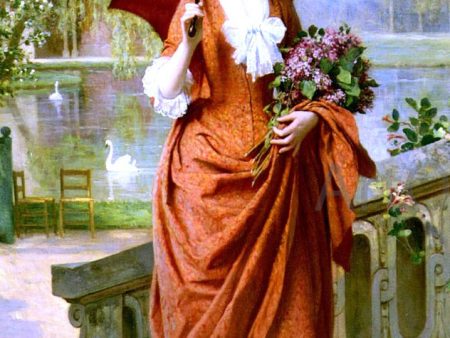 The Red Parasol by Joseph Caraud - Hand-Painted Oil Painting on Canvas Online Sale