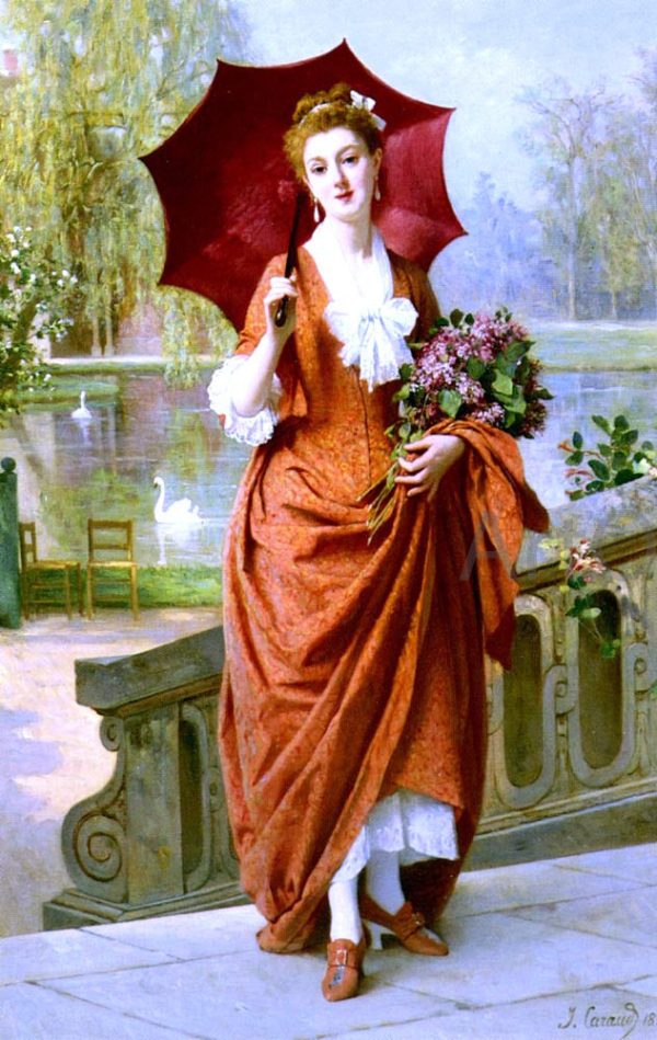 The Red Parasol by Joseph Caraud - Hand-Painted Oil Painting on Canvas Online Sale