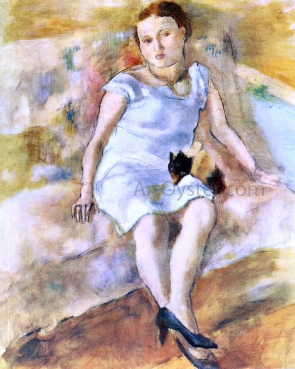 Young Woman with a Little Dog by Jules Pascin - Hand-Painted Oil Painting on Canvas Online Sale