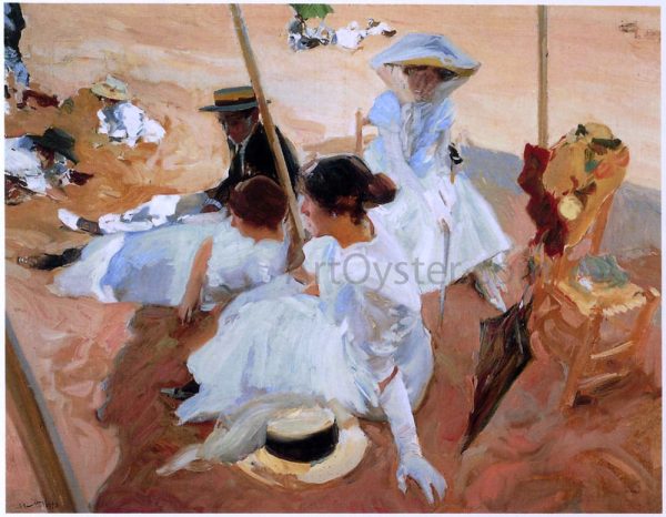 Under the Awning at Zarauz Beach by Joaquin Sorolla Y Bastida - Hand-Painted Oil Painting on Canvas Online